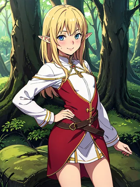 best quality, high quality, a very young (elf:1.1) in a forest wearing a fantasy dress in a forest, 1girl, solo, (loli:1.1), (naughty face,:1.05) small breasts, revealing clothes,blonde hair, smile, gentle, looking at viewer, blush, light blue eyes, pointy...