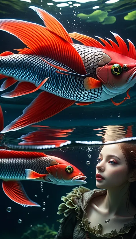 There is a red fish in the water，Has a human face，Mysterious Creatures, shrike, (best quality，4K，8K，High level，masterpiece：1.2），Ultra Detailed，（lifelike，Photo real，Photo real：1.37），Highly detailed animals，Complex patterns，Realistic lighting，Fantasy Creatur...