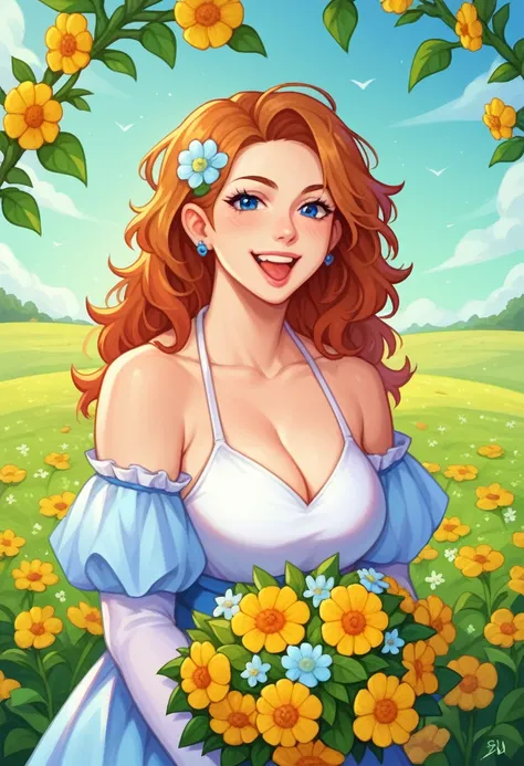 create fun images, A 28-year-old brunette woman with messy hair standing in a flower field. The background is a flower meadow with a light blue color scheme.。. The woman will be smiling and holding a very large bouquet of flowers., She is dressed in a whit...