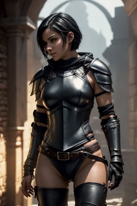 A beautiful female rogue, short black hair, Dungeons and Dragons aesthetic, (((skimpy sexy leather armour))), high detail face, high detail skin, 8, HDR, high resolution, photo-realistic, cinematic lighting, depth of field, bokeh, rim lighting, backlit, co...