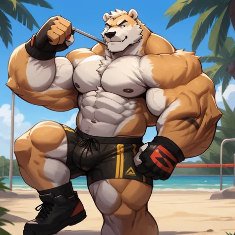 Huge muscular thick white fur Polar Bear bodybuilder shirtless in blue MMA shorts, MMA gloves and MMA foot wear training for the MMA tournament.
