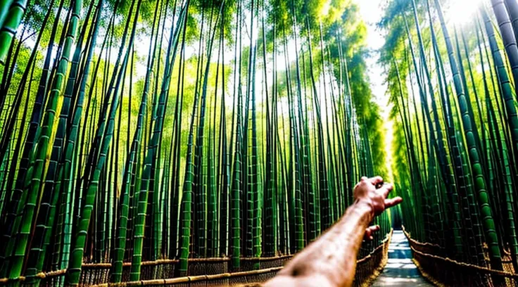 close-up image of human arms and hands holding a bamboo grove - a bamboo grove cuts through the forest