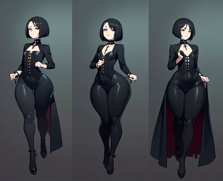 1 girl, small, female, full body, (((short black hair))), ((small chest)), ((wide hips, thick thighlat )), Mature looking, ((full body))), by front, (((Gothic style, dark series, character standing painting))), sexy, ((big butt)), running pose