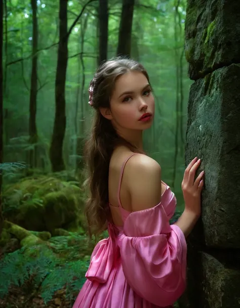 1 beautiful girl, alone, fair complexion, with a subtle pink glow on her cheeks, tense a bow towards a mysterious stone in the f...