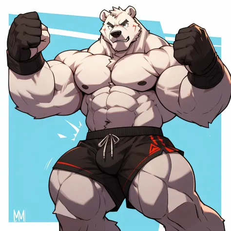 Huge muscular thick white fur Polar Bear bodybuilder shirtless in blue MMA shorts, MMA gloves and MMA foot wear training for the MMA tournament. Punching and kicking workout.
