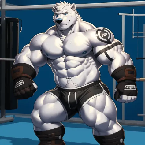 solo, anthro (Polar Bear, arctic bear), full ears, white fur skin, detailed blue eyes,gym: 1.6, sweat, heavy breathing: 1.5, correct anatomy, biceps, (huge thick muscular) thin, tattoo, veins all over the body, blue MMA shorts, MMA gloves and MMA foot wear...