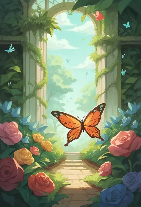 The butterflys wings gently flapping as it glides over the garden, making the flowers and plants seem more vibrant.