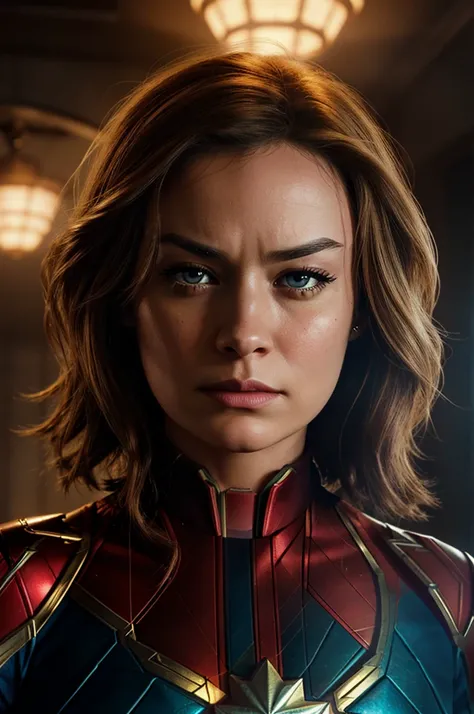 Captain Marvel angry close look and lighting in eyes 