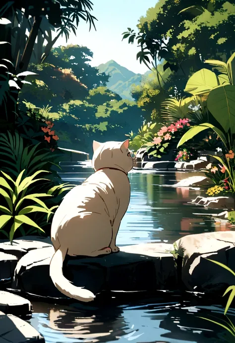 Scottish Fold Cat, Adorable, Tropical Garden.stream., I can see the house in the distance.