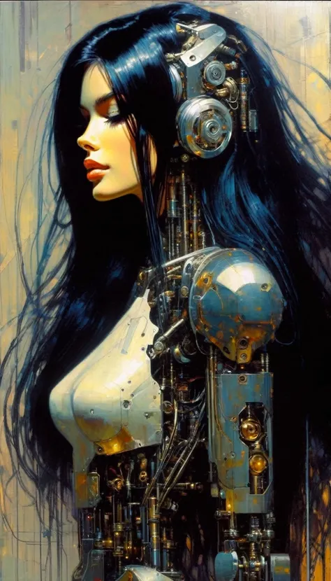 mechanical_body, mechanical_face, full_body, long hair, black hair, good anatomy, best quality, masterpiece, beautiful and cute face (art inspired by Bill Sienkiewicz). oil painting)
