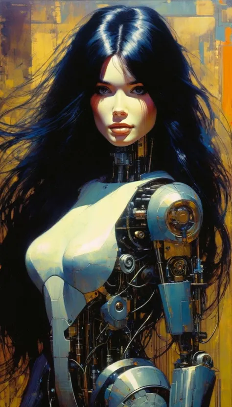 mechanical_body, mechanical_face, full_body, long hair, black hair, good anatomy, best quality, masterpiece, beautiful and cute face (art inspired by Bill Sienkiewicz). oil painting)
