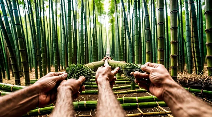 close-up image of human arms and hands holding faction - faction - five human hands holding five faction cuts the bamboo grove inside the forest - violently