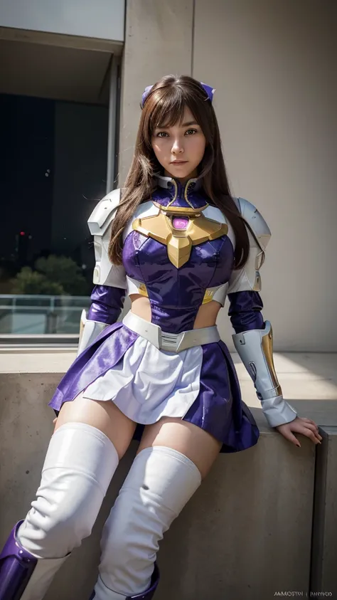 RAW, Masterpiece, Ultra Fine Photo,, Best Quality, Ultra High Resolution, Photorealistic, Sunlight, Full Body Portrait, Stunningly Beautiful,, Dynamic Poses, Delicate Face, Vibrant Eyes, a full body of a woman in a purple and white gundam custume, dybamic ...