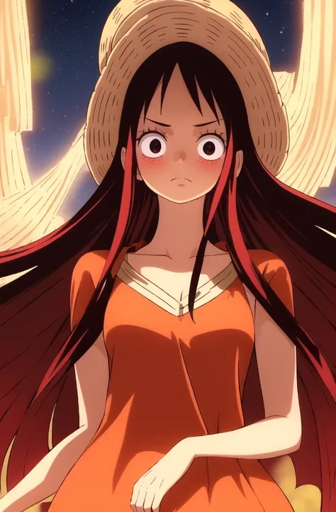 masterpiece, best quality), intricate details, 1 girl, woman, (long black hair), straw hat, luffy, luffy(one piece), scar on face, (long hair) wearing beautiful dress ((solo)) (black eyes) (detailed eyes)) (female focus) (looking towards viewer) ((standing...