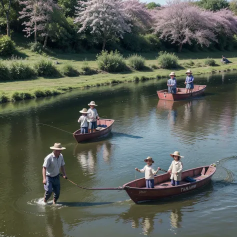 A happy family of fishermen on the riverbank fishing, children running around a purple IPE in full bloom