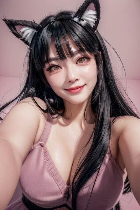 black hair, hair bobbles, wince, longeyelashes, solid circle eyes, fake animal ears, light smile, ear blush, fang, ccurate, Surrealism, drop shadow, anaglyph, stereogram, tachi-e, pov, atmospheric perspective, from below, Hyperrealism, 8k, super detail, be...