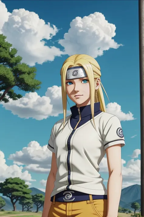 Classic Naruto screenshot of a white-skinned woman, honey green eyes would be, medium blonde hair, medium chest, blue shirt , konohagakure symbol in the pocket of naruto konohagakure exterior,sky, cloud, day, sunlight, screenshot season 1 of Pierrot Co., L...