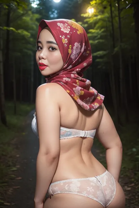 ((thick lips:1.9)), Lace, (Happy smile), (((HIJAB MALAY GIRL))), masutepiece, High quality, UHD 32K, Realistic face, Realistic skin feeling , A Japanese Lady, 8 years old, , Very cute and baby-like face, (((FLAT CHEST))), (Night time at forest), ((look In ...