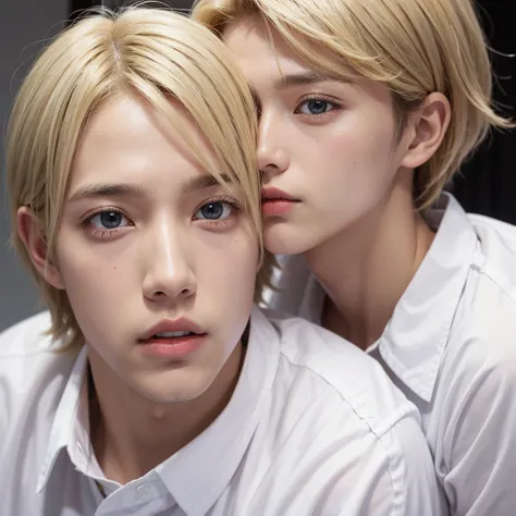 Blond boy in white shirt, his lips look like eyes and he has black eyes