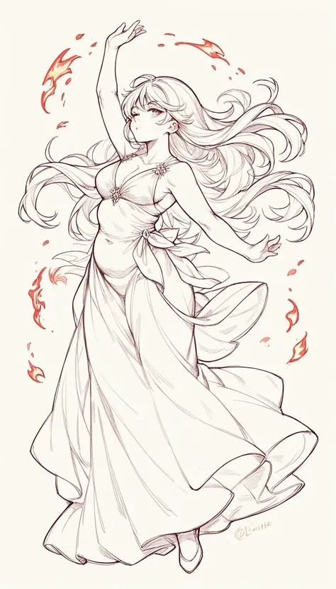 black and white, line art, no shading, full body, live2D character, long hair, chubby, dancing, medium breasts, long dress, fire, coloring book style, sketch,ink drawing, outlines