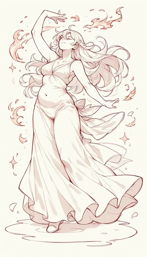 black and white, line art, no shading, full body, live2d character, long hair, chubby, dancing, medium breasts, long dress, fire...