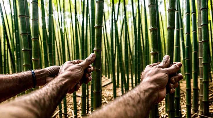 close-up image of human arms and hands holding faction - faction - each five human hands individually holding - five factions cut the bamboo grove inside the forest - violently