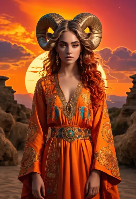 (absurderes, high resolution, ultra detaild), 1 girl, Zodiac sign - Goddess of Aries , standing alone, mellow, Baroque, long robe, longsleeve, chic, colorfully, More Detailed, trunk , sunset hair . fiery eyes . Coraggioso, intentional, productive, Enterpri...