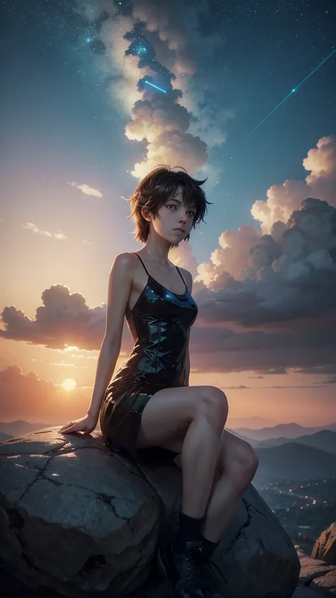 anime girl sitting on a rock looking at the sky,a sky piercing tower, lots, lots distante, makoto shinkai cyril rolando, 4K anime art wallpaper, 4k anime art wallpaper, cyril rolando and goro fujita, 8K anime art wallpaper, anime wallpaper 4k, anime wallpa...