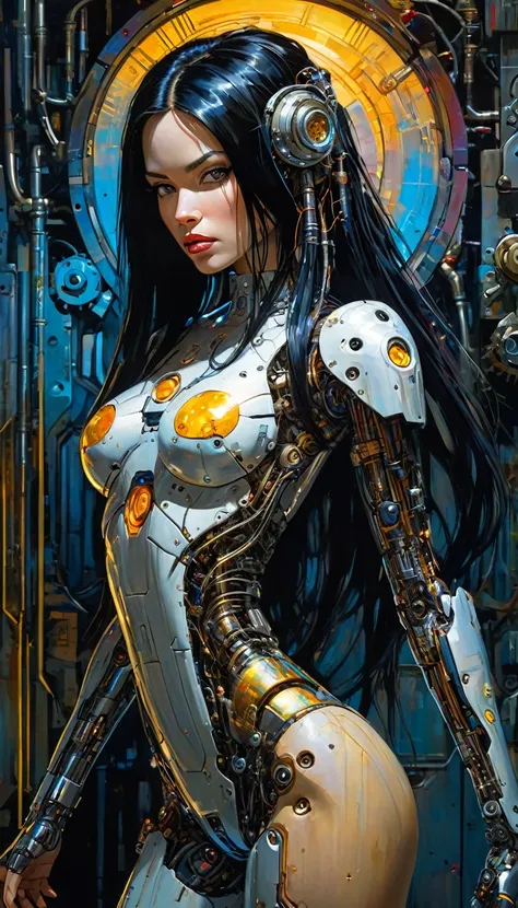 a detailed cyborg girl with long flowing black hair, beautiful and detailed facial features, intricate mechanical body parts, full body view, best quality, masterpiece, oil painting, art inspired by Bill Sienkiewicz, cinematic lighting, highly detailed, ph...