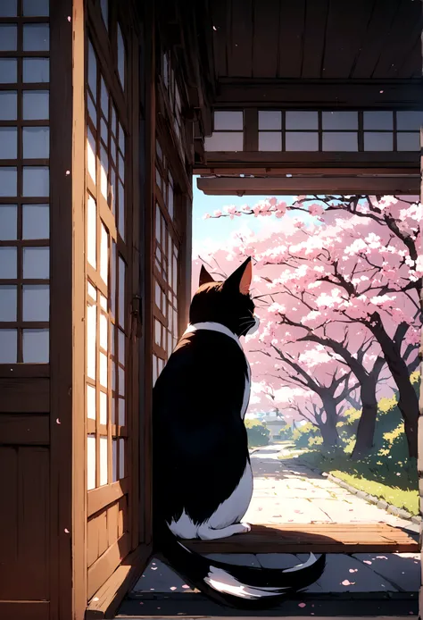 A samurai cat with cherry trees in the background