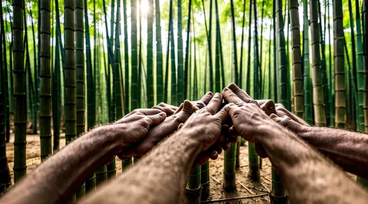 close-up image of human arms and hands holding faction - faction - each five hands individually holding - five faction - cut the bamboo grove inside the forest - violently