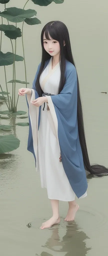 ((4k,masterpiece,best quality)), shuimobysim, traditional chinese ink painting, lotus,  hanfu, maxiskit, dress conservatively
1girl, solo, long blue hair, smile, standing, feet in the water, barefoot,
 