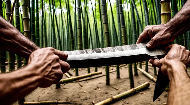 close-up image of human arms and hands holding a machete - a machete - points at a knife - to cut each five hands individually - five - a machete - cuts the bamboo grove inside the forest - violently