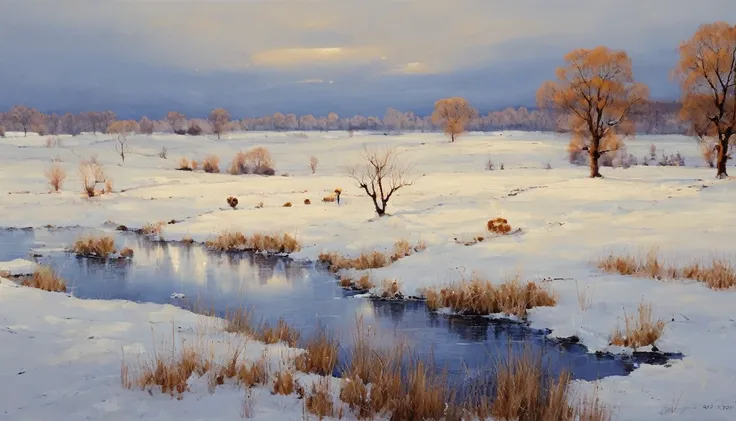 (Masterpiece, Top Quality, Best Quality, Official Art, Beautiful and Aesthetic:1.2), Winter Country Landscapes depict scenes of the countryside in winter, often with snow-covered fields, frozen rivers and barren trees. These paintings have a blue and white...