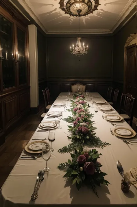 A table where there are 6 ghosts having dinner (Reference to the Holy Supper painting) with your cutlery in hand, on the table there are wines, the environment looks a bit old with cobwebs lining the ceiling a bit gloomy 