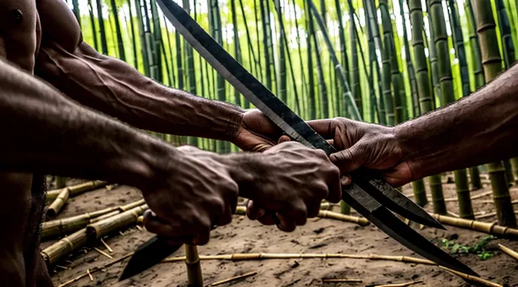 close-up image of human arms and hands holding a machete - a machete - points at a knife - to cut each five hands individually - five - a machete - cuts the bamboo grove inside the forest - violently