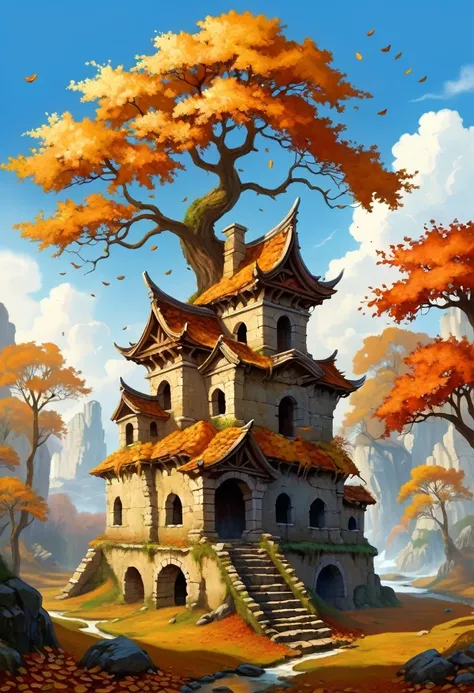 , Late autumn ruins, high quality, Very detailed, illustration, Dough, canvas, , fantasy,