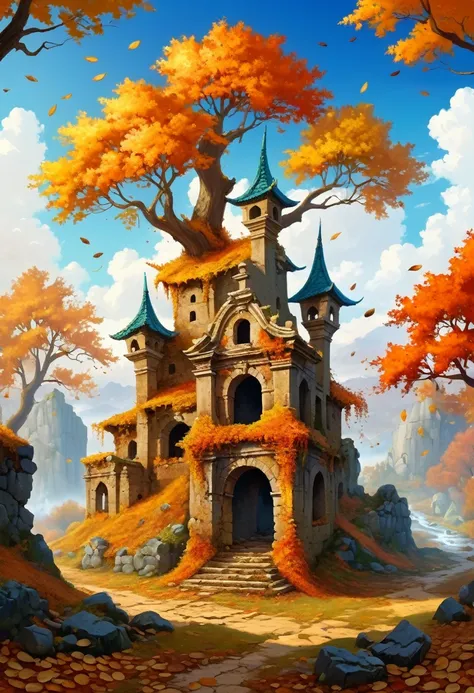 , Late autumn ruins, high quality, Very detailed, illustration, Dough, canvas, , fantasy,