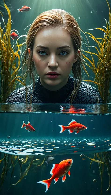 Panorama，There is a red fish in the water，Has a human face，Mysterious Creatures, shrike, (best quality，4K，8K，High level，masterpiece：1.2），Ultra Detailed，（lifelike，Photo real，Photo real：1.37），Highly detailed animals，Complex patterns，Realistic lighting，Fantas...