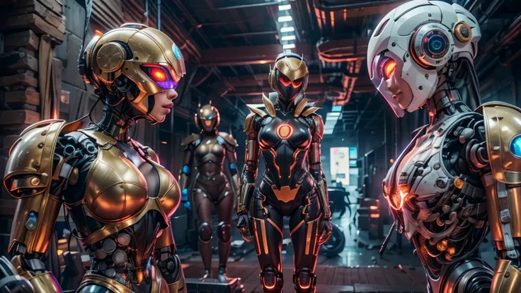 there are two robots that are standing next to each other, machines and futurist robots, death and robots, robot cyborgs, dieselpunk cyborgs, cyber steampunk 8 k 3 d, humanoid robots, still from alita, movie still of aztec cyborg, futuristic robots, from a...