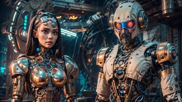 there are two robots that are standing next to each other, machines and futurist robots, death and robots, robot cyborgs, dieselpunk cyborgs, cyber steampunk 8 k 3 d, humanoid robots, still from alita, movie still of aztec cyborg, futuristic robots, from a...