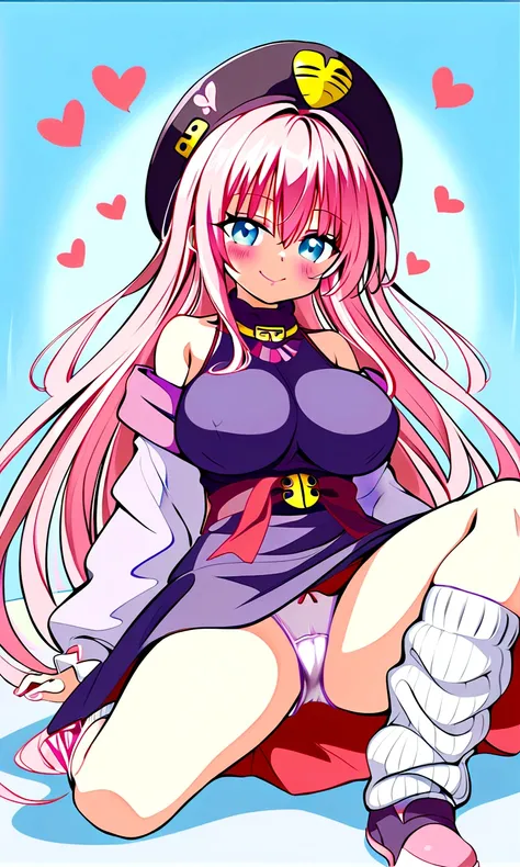 To Love-Ru、Purple off-the-shoulder mini skirt dress、Pink Hair、Big Breasts、White panties、Light purple loose socks、Provocative look、Raw thighs、Light blue eyes、