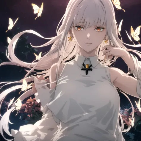 1girl, makima, (makima from Chainsaw man anime)solo, jewelry, earrings, bug, white long_hair, butterfly, hair_ornament, looking_at_viewer, parted_lips, white_hair, upper_body, butterfly_hair_ornament, bangs, bare_shoulders, red_eyes, (red dress), eyelashes...