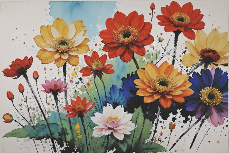 abstract painting of a garden; vivid colors; mixed oil painting technique with watercolors and newspaper scraps; flowers painted...