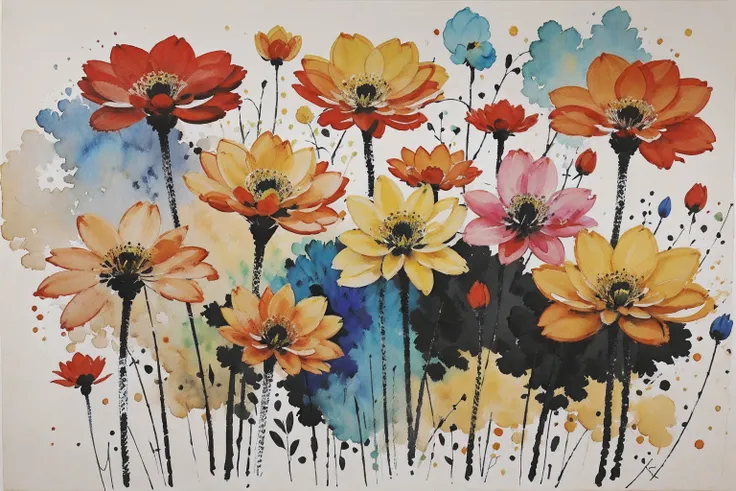 abstract painting of a garden; vivid colors; mixed oil painting technique with watercolors and newspaper scraps; flowers painted...