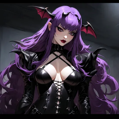 detailed, HD, 4k, araffe woman with purple hair and a black dress, succubus, demonic clothing, half body of a goth , demon in the room, room, beautiful woman, demoncore clothes, fashionable dark demon, gothic clothing, wearing gothic accessories, wearing a...