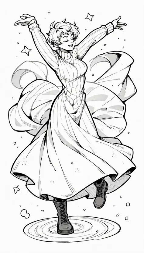 black and white, line art, no shading, full body, live2d character, pixie hair, skinny, dancing, medium breasts, sweater, long d...