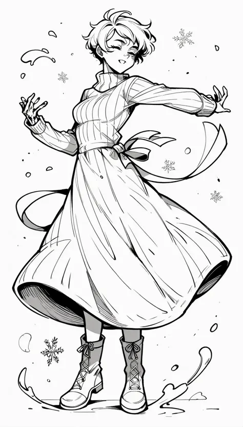 black and white, line art, no shading, full body, live2D character, pixie hair, skinny, dancing, medium breasts, sweater, long dress, boots, snow effects, coloring book style, sketch,ink drawing, outlines. good anatomical hands