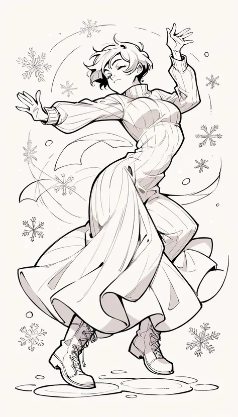 black and white, line art, no shading, full body, live2D character, pixie hair, skinny, dancing, medium breasts, sweater, long dress, boots, snow effects, coloring book style, sketch,ink drawing, outlines. good anatomical hands