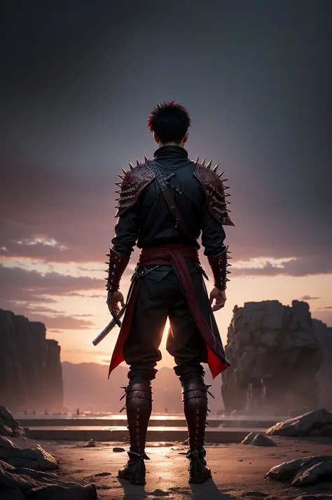  fountain_アニメ, detailed back ground, 1 young boy, standing alone, whole body, wasteland, dramatic lighting, dynamic pose, dynamic composition, action scene, action pose, crossed arms, evil smile, red samurai clothes, black and spiky hair, red eyes, katana ...